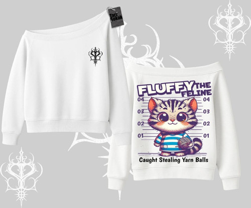 Fluffy The Feline Yazılı Sevimli Kedi Arka Baskılı Kayık Yaka Sweatshirt