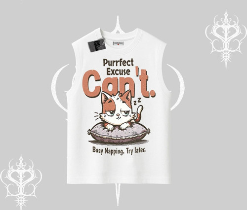Kedi Baskılı Cant Busy Napping Y2K Kolsuz Tshirt