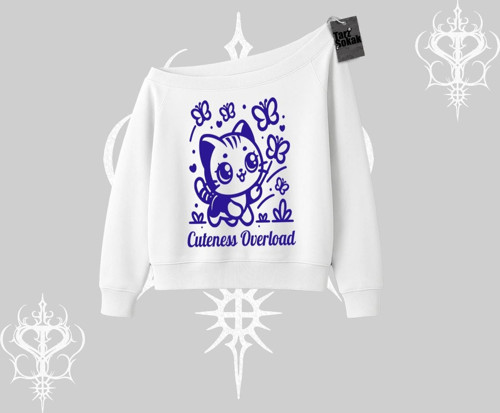 Cuteness Overload Kedi Baskılı Kayık Yaka Sweatshirt