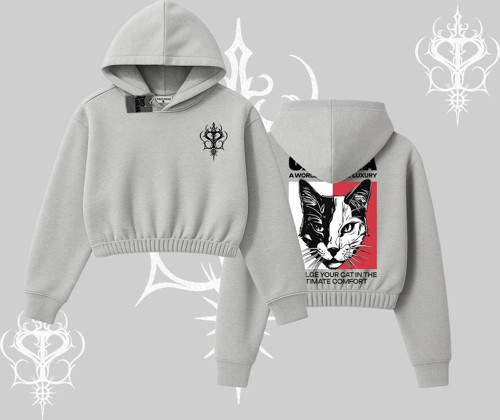Modern Kedi Temalı Arka Baskılı Kapşonlu Crop Sweatshirt