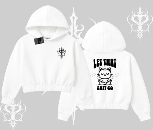 Meditasyon Yapan Kedi Baskılı Kapşonlu Crop Sweatshirt
