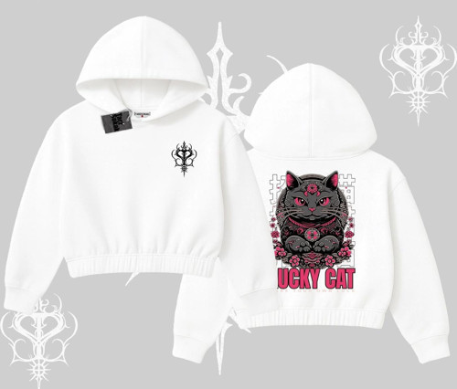 Lucky Cat Japon Tarzı Kedi Baskılı Kapşonlu Crop Sweatshirt