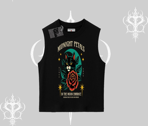 Midnight Petals Kedi Baskılı Kolsuz Tshirt