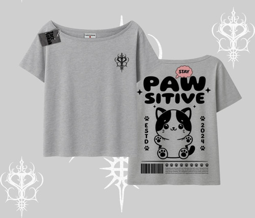 Paw Sitive Kedi Arka Baskılı Kayık Yaka Tshirt
