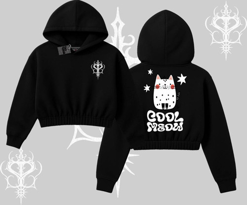 Cool Meow Yazılı Sevimli Kedi Arka Baskılı Kapşonlu Crop Sweatshirt