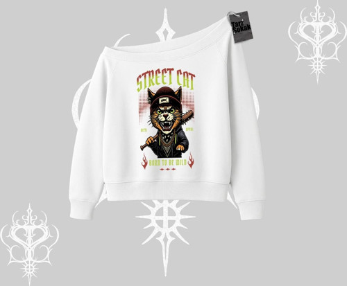 Street Cat Kedi Baskılı Kayık Yaka Sweatshirt