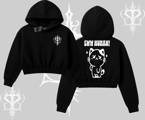 Sevimli Kedi Çizimli Arka Baskılı Kapşonlu Crop Sweatshirt