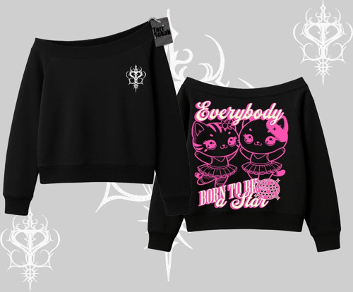 Born to Be a Star Yazılı Sevimli Kedi Arka Baskılı Kayık Yaka Sweatshirt