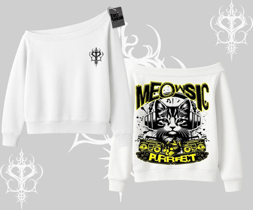 Meowsic Purrfect Kedi Arka Baskılı Kayık Yaka Sweatshirt