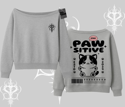 Paw Sitive Kedi Arka Baskılı Kayık Yaka Sweatshirt