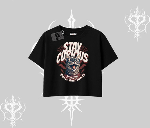 Stay Curious Kedi Baskılı Oversize Crop Tshirt