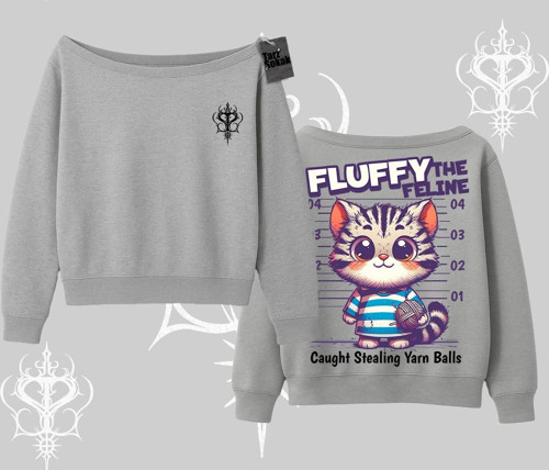 Fluffy The Feline Yazılı Sevimli Kedi Arka Baskılı Kayık Yaka Sweatshirt
