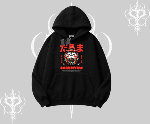 Kapşonlu Sweatshirt Daruma Kedi Anime Baskılı