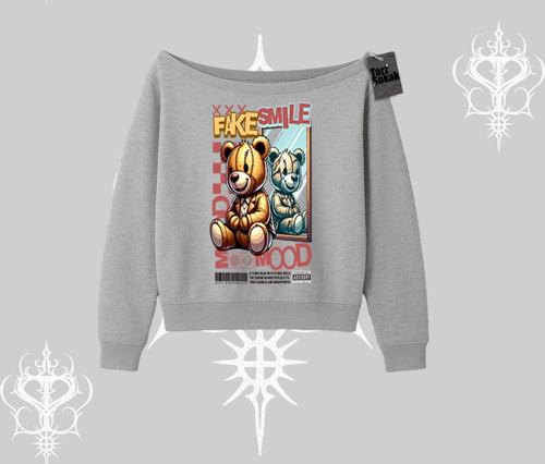 Kayık Yaka Sweatshirt Fake Smile Mood Ayıcık Grafik Baskılı