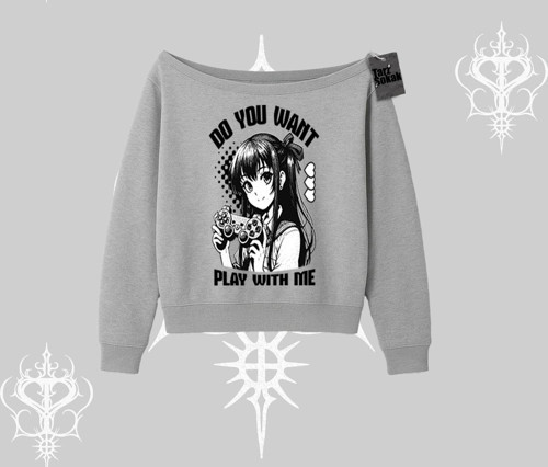 Kayık Yaka Sweatshirt Do You Want Play With Me Anime Kız Baskılı