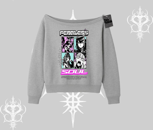 Kayık Yaka Sweatshirt Fearless Soul Anime Kolaj Baskılı