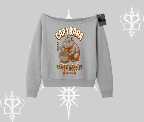 Kayık Yaka Sweatshirt Cute Capybara Enjoying Ramen Noodles Artwork