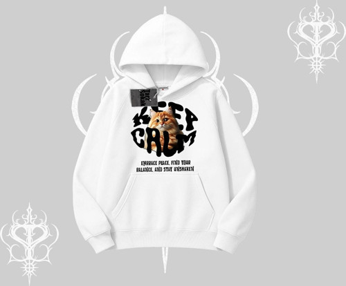 Keep Calm Yazılı Kedi Baskılı Streetwear Kapşonlu Sweatshirt