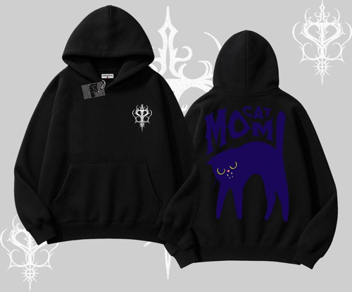 Cat Mom Yazılı Minimal Kedi Arka Baskılı Kapşonlu Sweatshirt