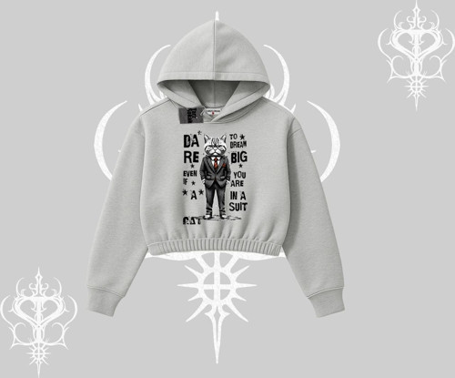 Dream Big Yazılı Takım Elbiseli Kedi Baskılı Kapşonlu Crop Sweatshirt