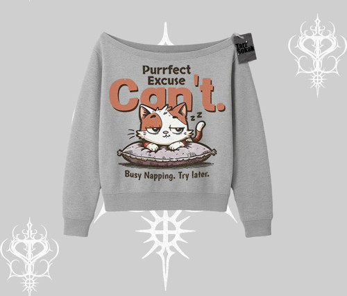 Kedi Baskılı Cant Busy Napping Y2K Kayık Yaka Sweatshirt