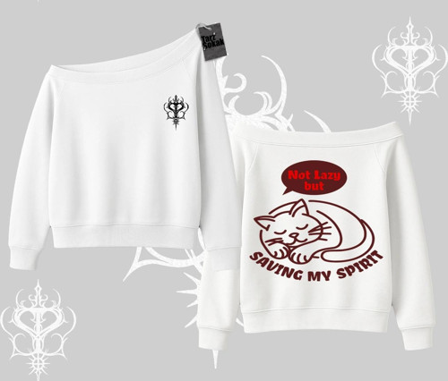 Not Lazy Saving My Spirit Kedi Baskılı Kayık Yaka Sweatshirt