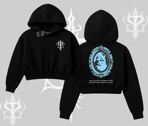 Çerçeveli Kedi Baskılı Kapşonlu Crop Sweatshirt