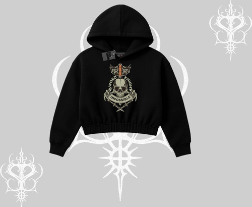 Kapşonlu Crop Sweatshirt Sword Knight Skull Impossible Street Creed