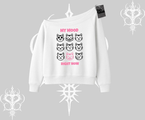 My Mood Right Now Yazılı Sevimli Kedi Kayık Yaka Sweatshirt