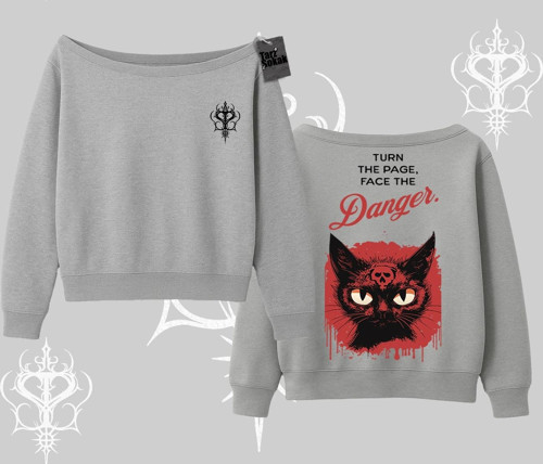 Gotik Kedi Arka Baskılı Kayık Yaka Sweatshirt
