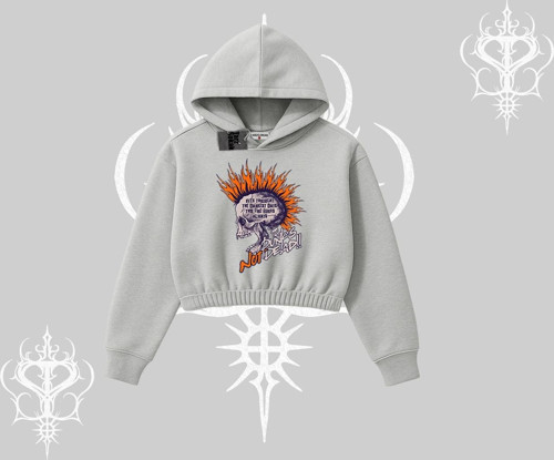 Kapşonlu Crop Sweatshirt Burning Skull Rebel Street Anthem