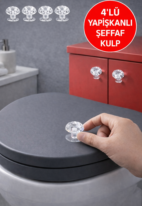 4Lü - 2026 Şeffaf Kristal Kulp – Yapışkanlı Mini Kapı Kulpu, Tuvalet Kapağı & Dolap Çekmece Kulbu