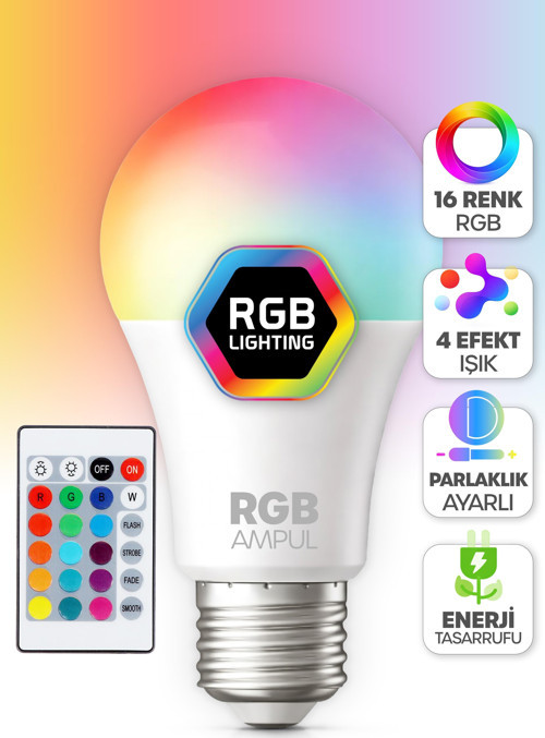 Kumandalı RGB Renkli LED Ampul 9W E27 Parlaklık | Renk Değiştiren Dimmerli LED Aydınlatma Lamba