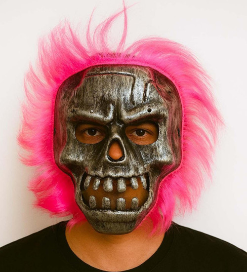 Wild Skull - Gümüş Kafatası Pembe Saçlı İskelet Maske