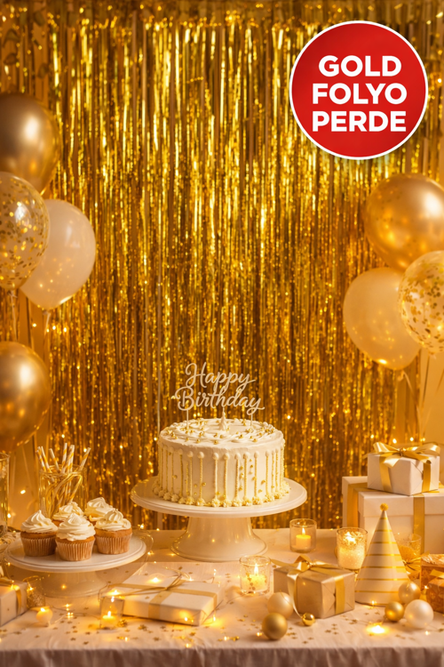 1 Adet Gold Parlak Parti Perdesi 100x200 cm – Doğum Günü, Baby Shower, Fotoğraf Arka Fon 100*200