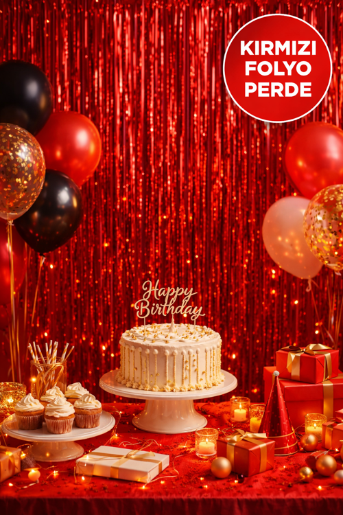 1 Adet Kırmızı Parlak Parti Perdesi 100x200 cm – Doğum Günü, Baby Shower, Fotoğraf Arka Fon 100*200