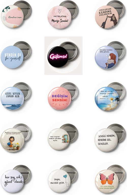 Motivasyon Sözlü Rozet Seti – Kişisel Gelişim Temalı 15’li Tasarım Rozet (44 mm)