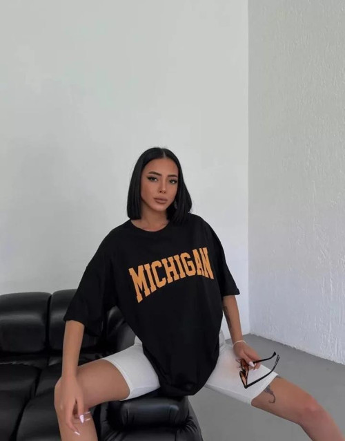 Unisex Bisiklet Yaka Baskılı Oversize TShirt Beyaz