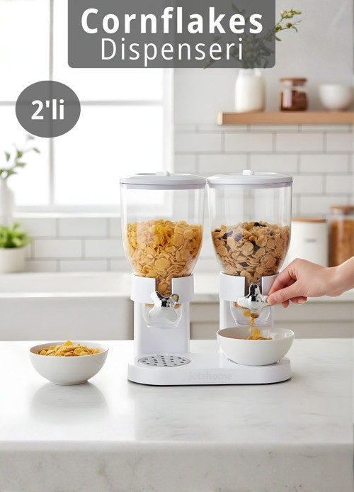 2’li Cornflakes Dispenseri 7 L Çift Hazneli Müsli Granola Kuruyemiş Kahvaltı Tahılları Sunum Aparatı