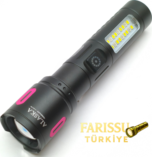 Alaska Şarjlı LED El Feneri | 1500–2000 Lümen | Zoomlu 500–600 m | Çift Işık Modlu | Type-C Şarjlı