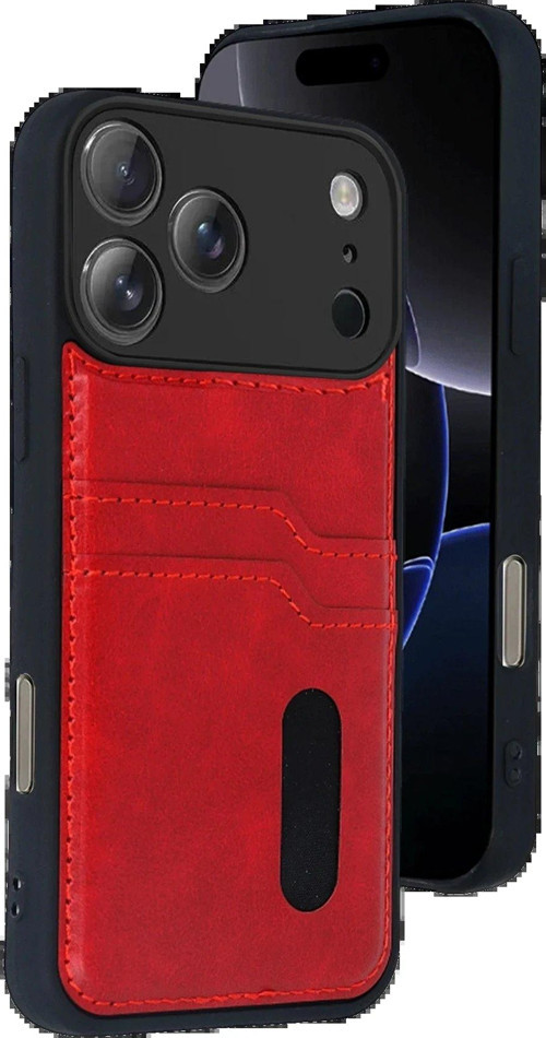 Apple Iphone 17 Pro Sara Kartvizitli Deri Kılıf - Kırmızı-(5796)