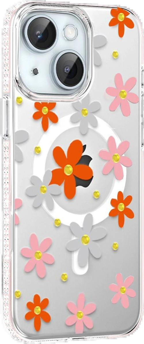 Apple Iphone 14 Floral Magsafe Kapak - Turuncu-(5796)