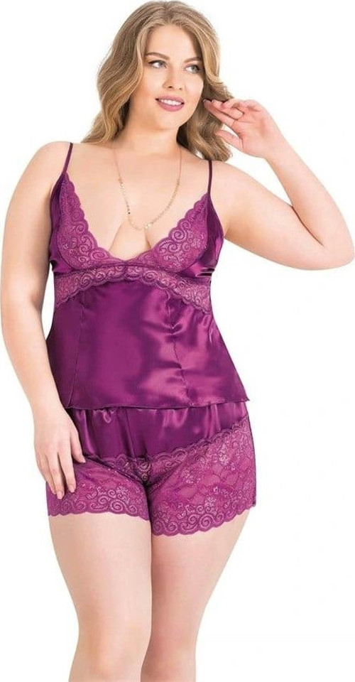 Büyük Beden Mor Saten Babydoll Şort Takımı