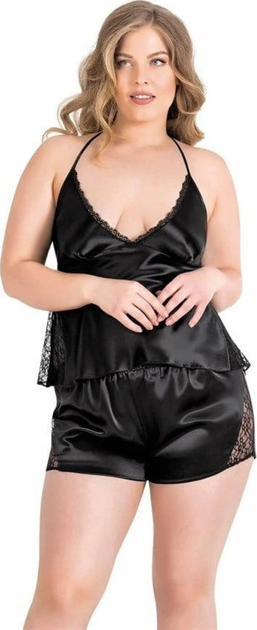 Büyük Beden Siyah Saten Babydoll Şort Takımı