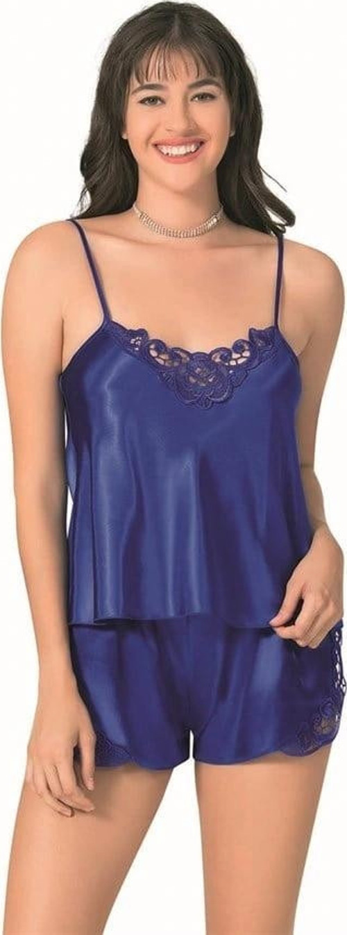 Saks Saten Babydoll Şort Takımı