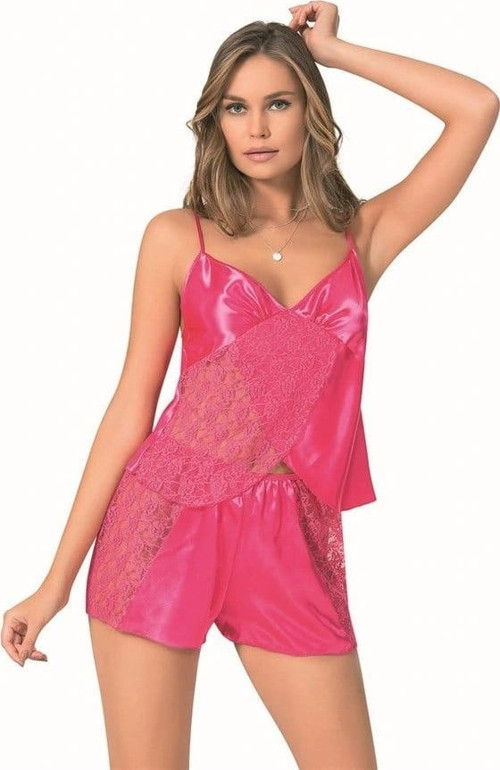 Fuşya Saten Babydoll Şort Takımı