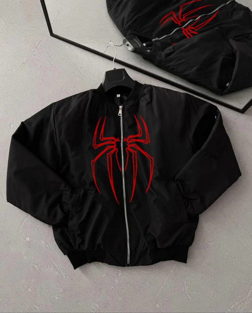 Örümcek Desenli Siyah Bomber Mont – Unisex Kullanıma Uygun, Fermuarlı Cepli, Kapitone Astarlı, Bahar Kış Günlük Giyim İçin Moda Ceket Modeli - Siyah