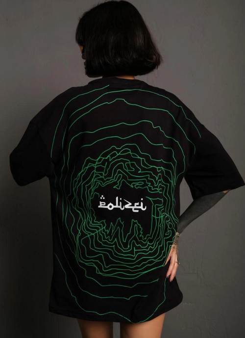 Kadın Bisiklet Yakalı Sırt Baskılı Oversize T-Shirt - Siyah