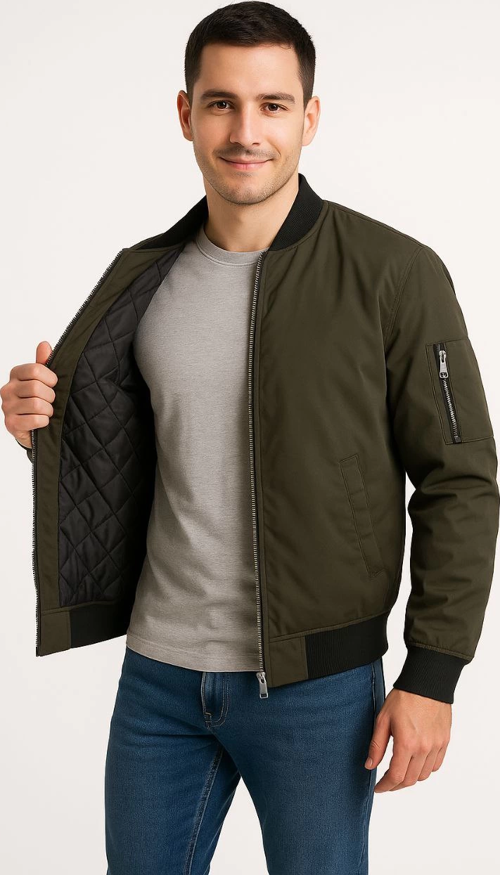 Erkek Bomber Mont Ceket – Fermuarlı, Kapitone İçi Astarlı, Su İtici Kumaş, Regular Fit, Uzun Kollu, Yandan Cepli, Bahar & Kış Rahat Günlük Stil - Haki