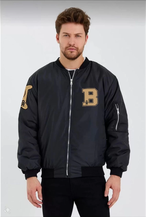 Erkek Siyah Bomber Kolej Mont – B Harfi ve Kemik Baskılı, Su İtici Kumaş, Kapitone Astarlı Fermuarlı Ceket - Siyah